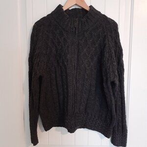 Aran Crafts Full Zip Mock Neck Merino Wool Cardigan Sweater Gray Size M